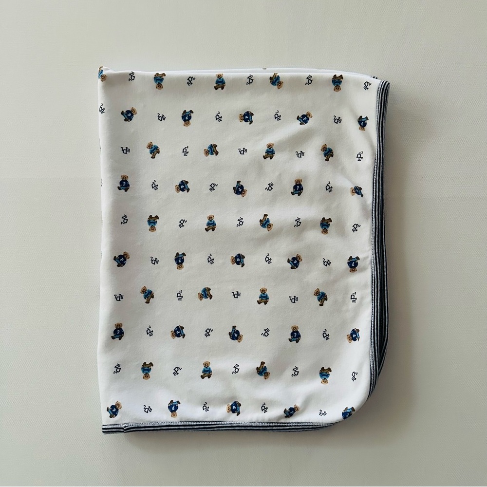 Ralph Lauren Baby Boy White Blanket Polo Bear Print Cotton